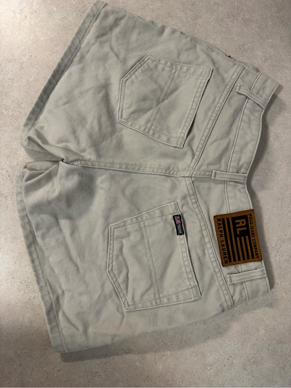 Ralph Lauren Neutral Cream Utility Jean Shorts with Leather Patch